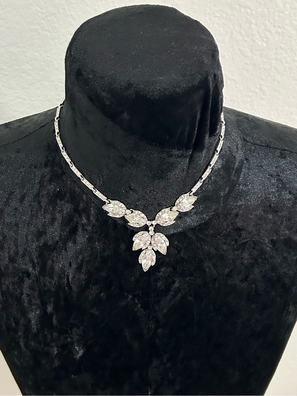 Bogoff Silver Tone Rhinestone Marquise Leaf Statement Necklace Vintage